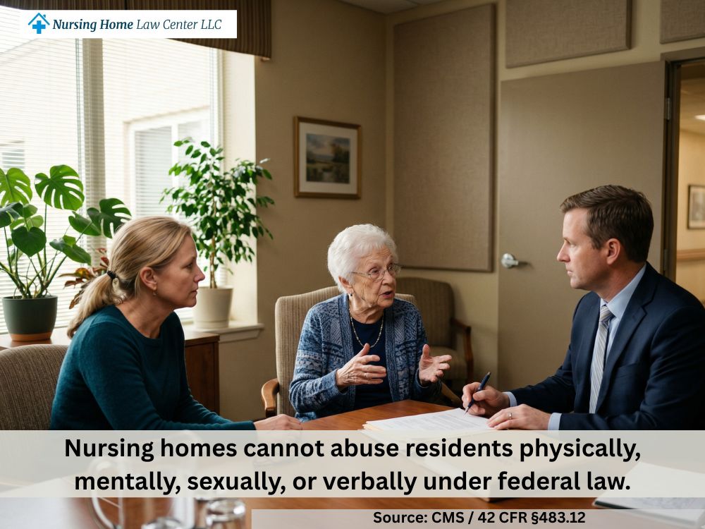 Nursing home resident speaking with a family member and attorney about violations of resident rights