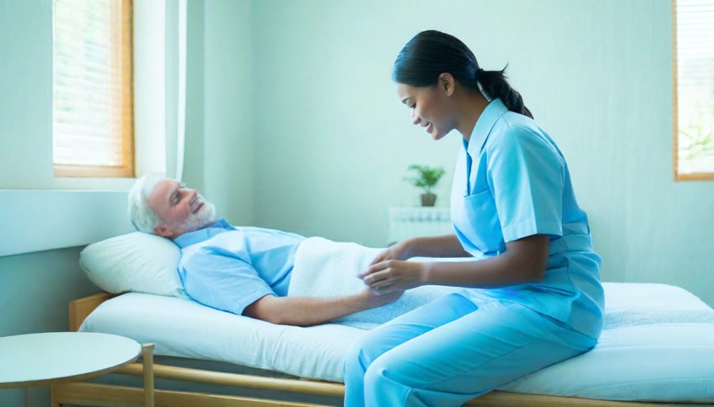 Nurse treating a bed sore on a nursing home resident’s lower back