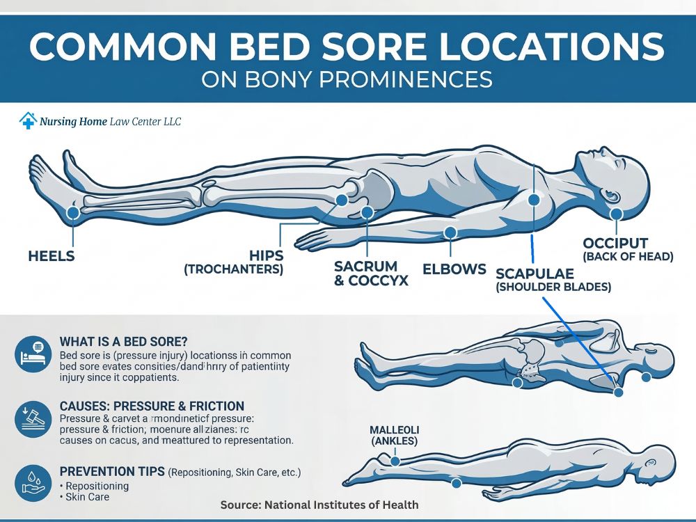 Body map showing common bed sore locations on bony prominences such as heels, hips, and sacrum
