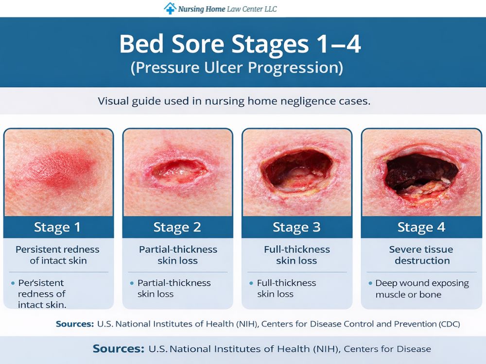 Diagram showing bed sore stages 1 through 4 by depth and tissue involvement