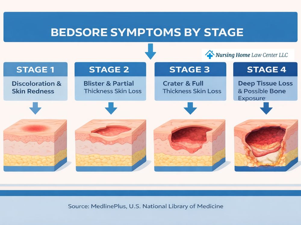 Diagram showing bedsore symptoms by stage from stage 1 discoloration to stage 4 deep tissue loss