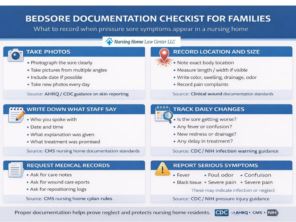 Checklist of what families should document when bedsore symptoms appear in a nursing home