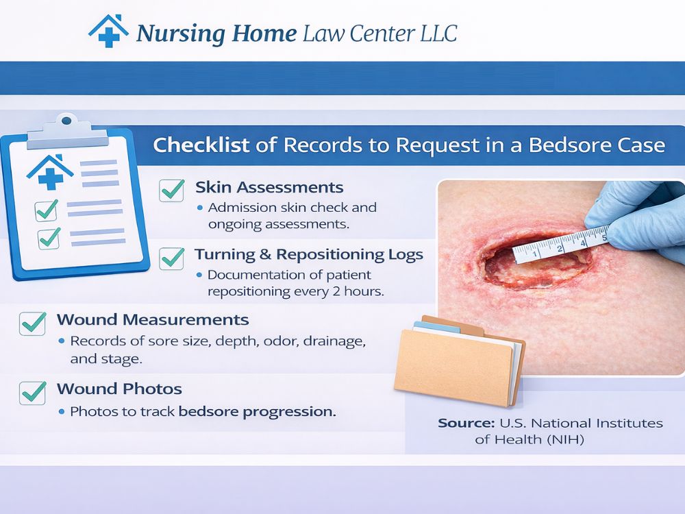 Checklist of records to request in a bedsore case including skin assessments, turning logs, wound measurements, and photos