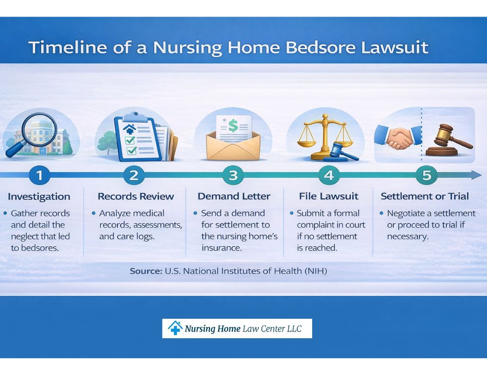 Timeline showing the steps of a nursing home bedsore lawsuit from investigation and records review to settlement or trial
