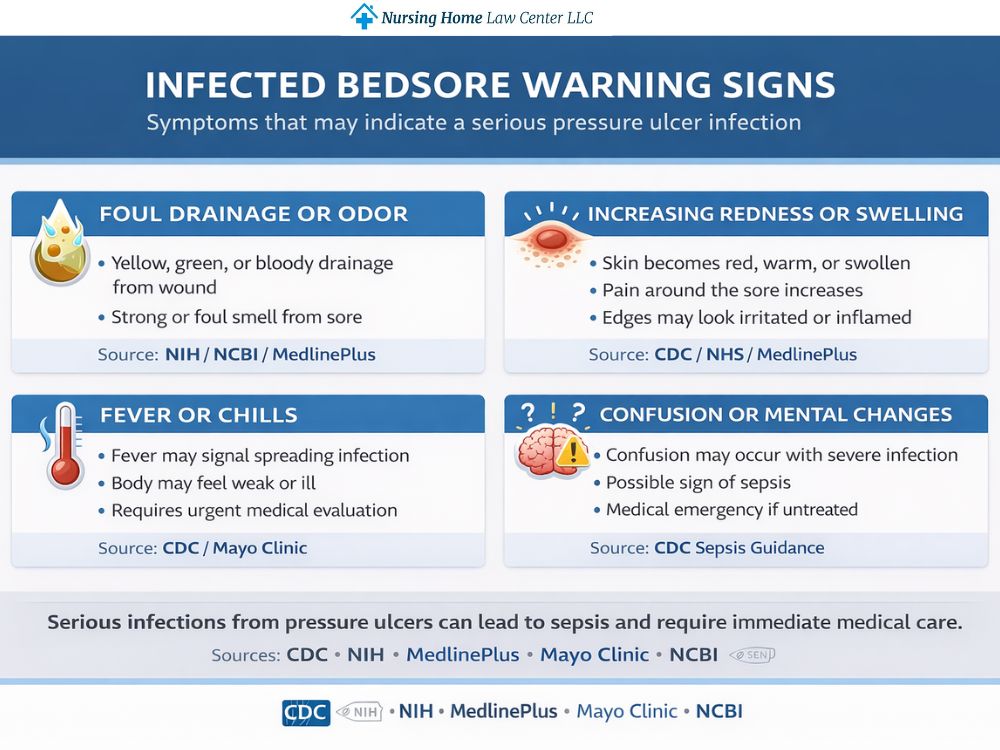 Infographic of infected bedsore symptoms such as foul drainage, increasing redness, fever, and confusion