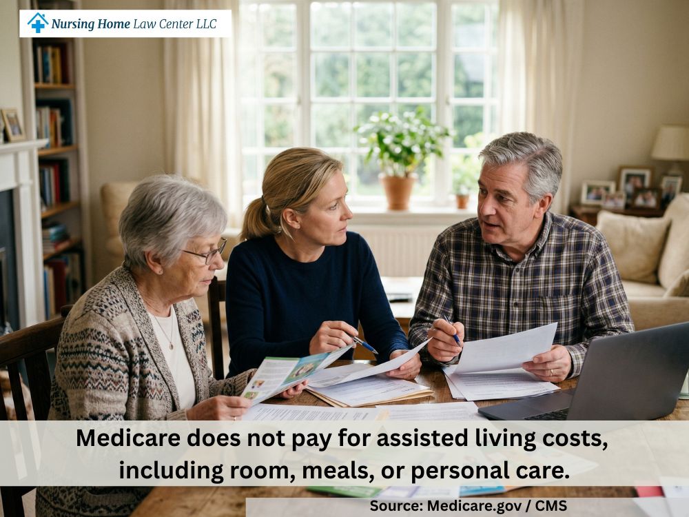 Family reviewing Medicare coverage information while considering assisted living for an elderly parent