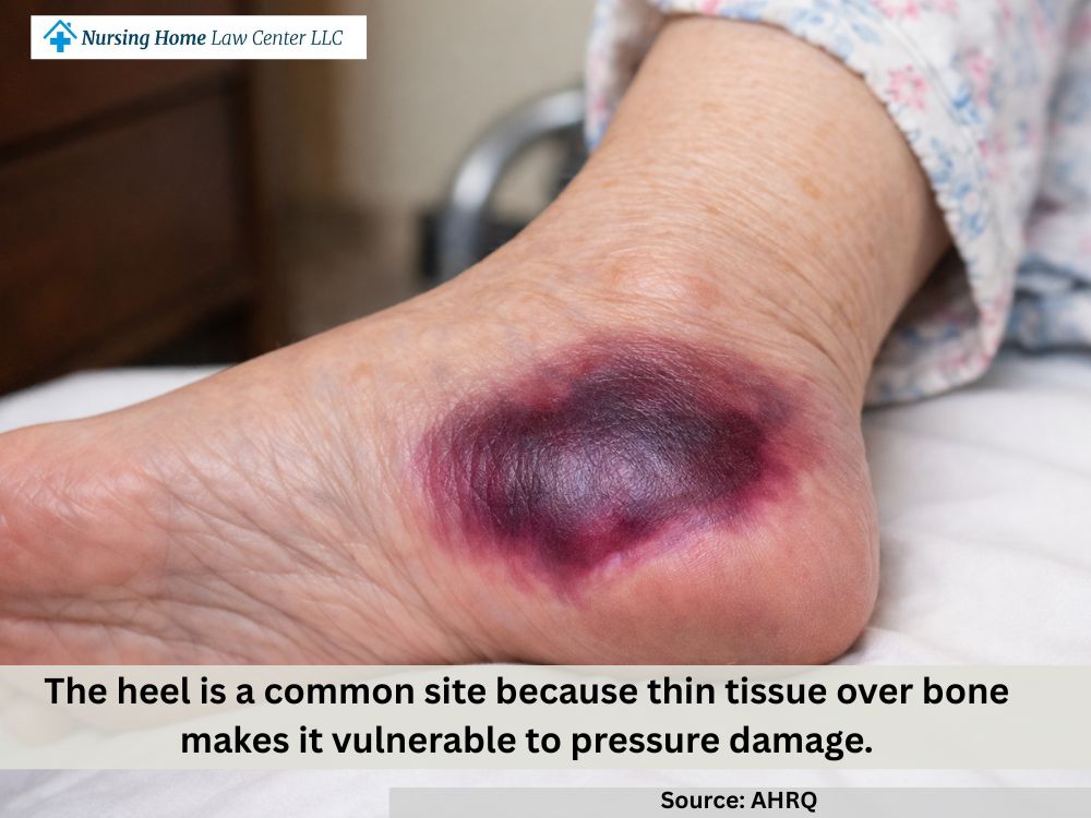 Deep tissue pressure injury on the heel with purple or maroon discoloration under intact skin
