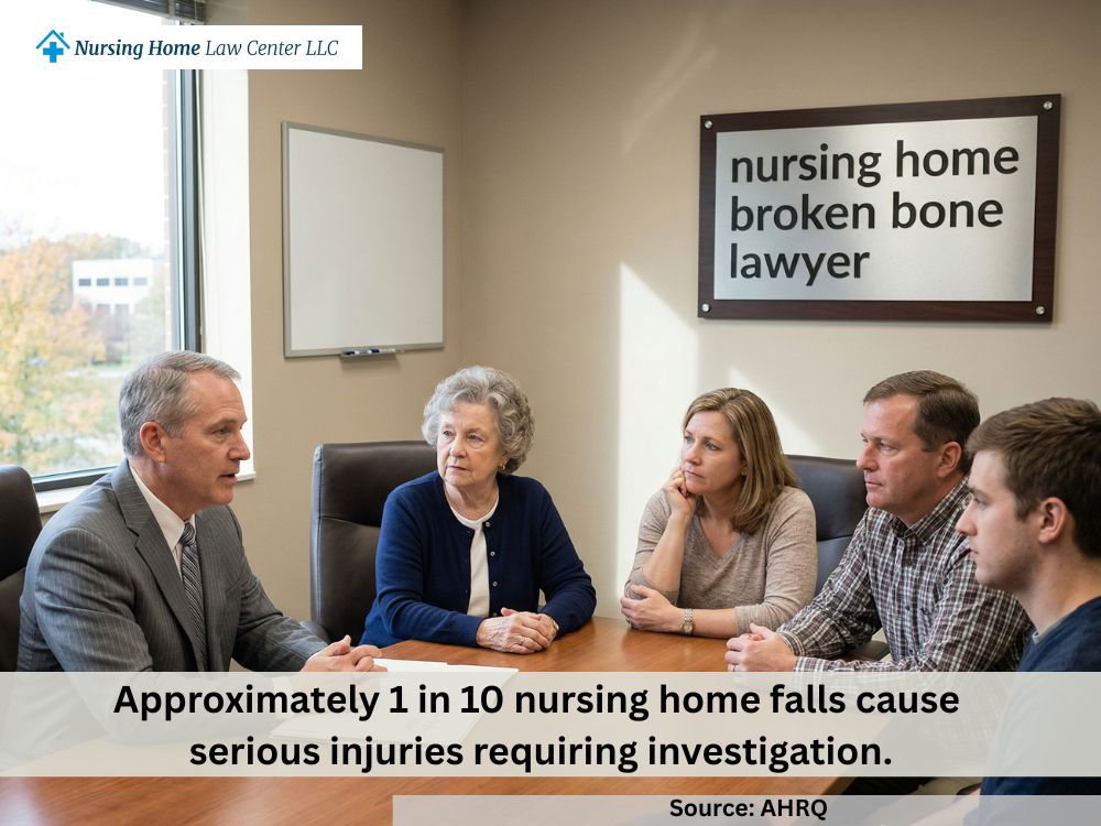 Family meeting with a lawyer after a fatal hip fracture linked to a possible nursing home neglect claim
