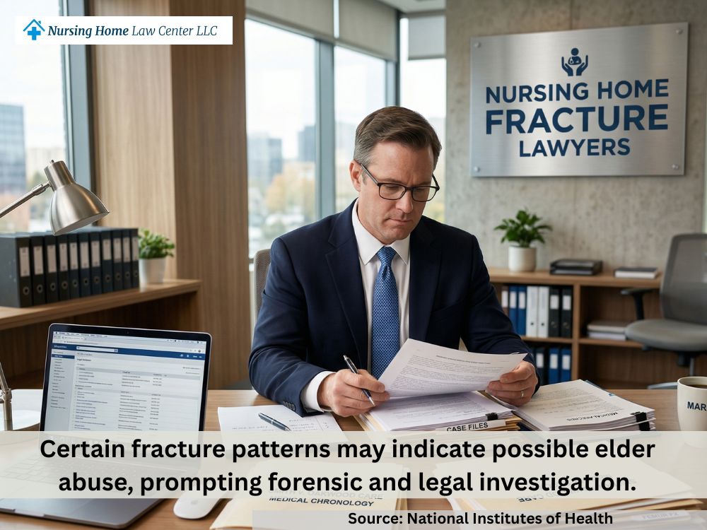 Lawyer reviewing femur fractures and neglect claims involving elderly nursing home residents
