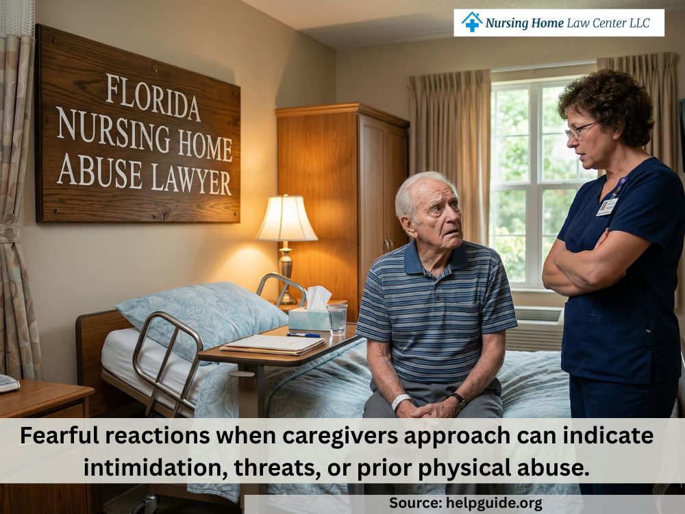 Elderly nursing home resident in Florida sitting alone and appearing fearful during staff interaction