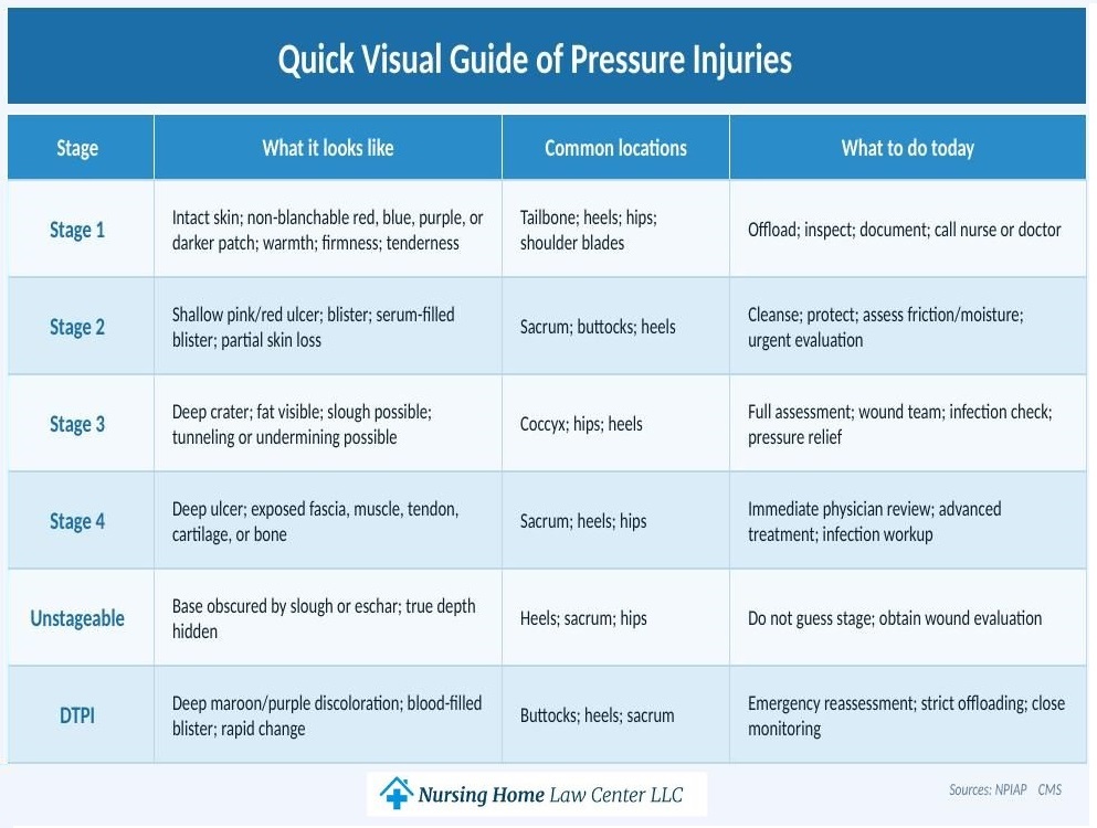 Table showing pressure injury stages by depth and tissue involvement