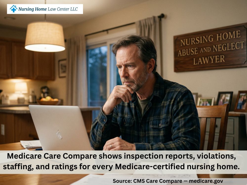 Family member reviewing nursing home violation records online before choosing a care facility
