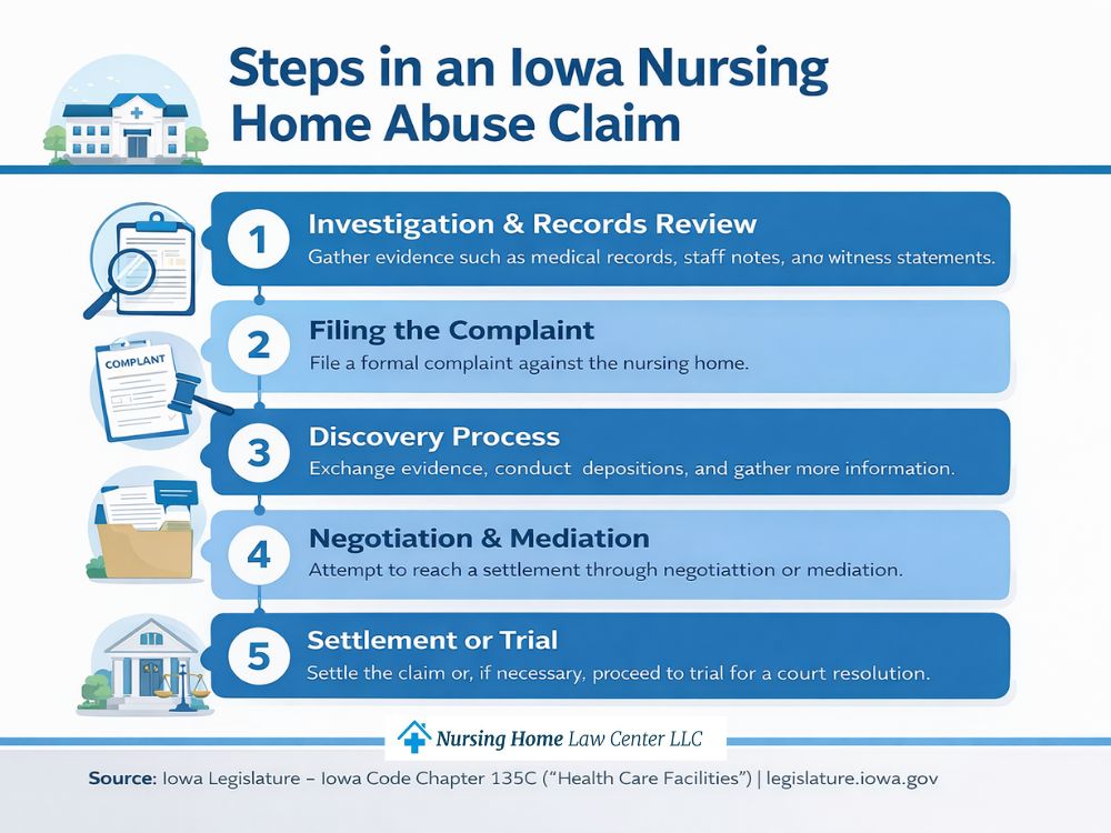 Steps in an Iowa nursing home abuse claim from investigation and records review to settlement or trial