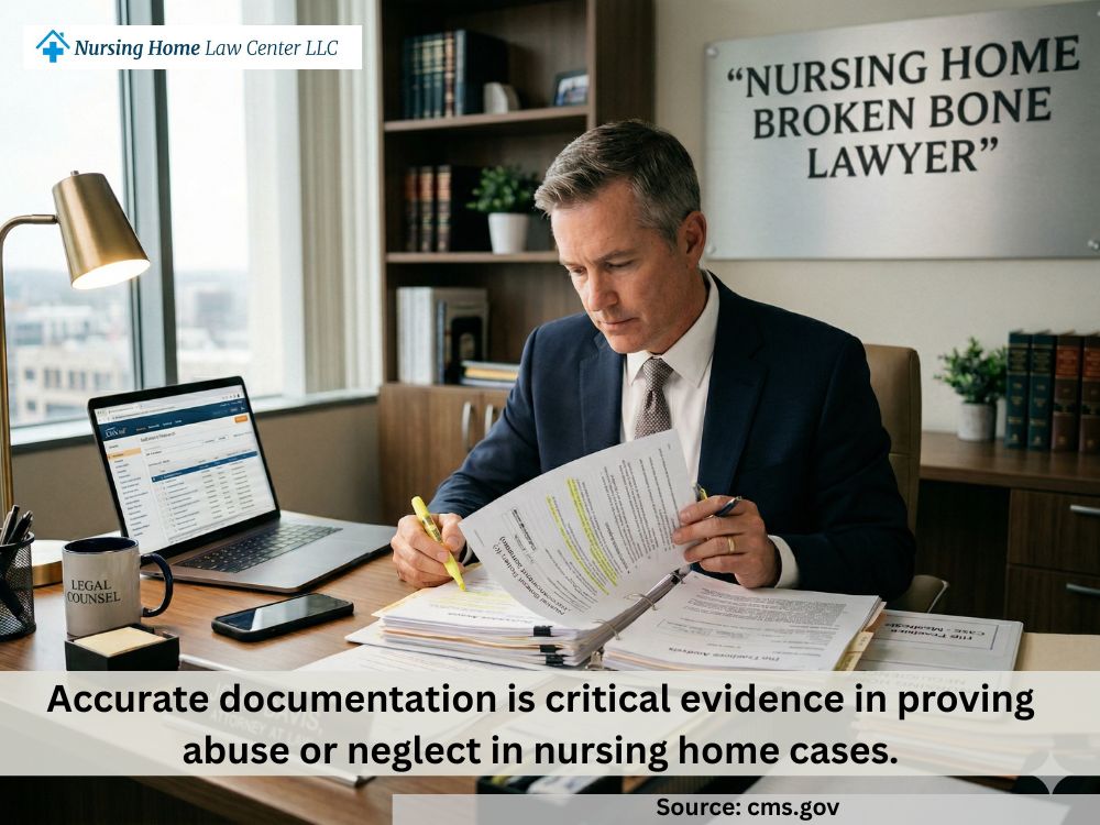 Lawyer reviewing medical records related to a fatal hip fracture in an elderly nursing home resident
