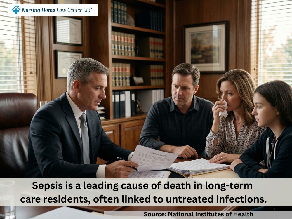 Family meeting with a lawyer for legal help after a loved one’s wrongful death in a nursing home