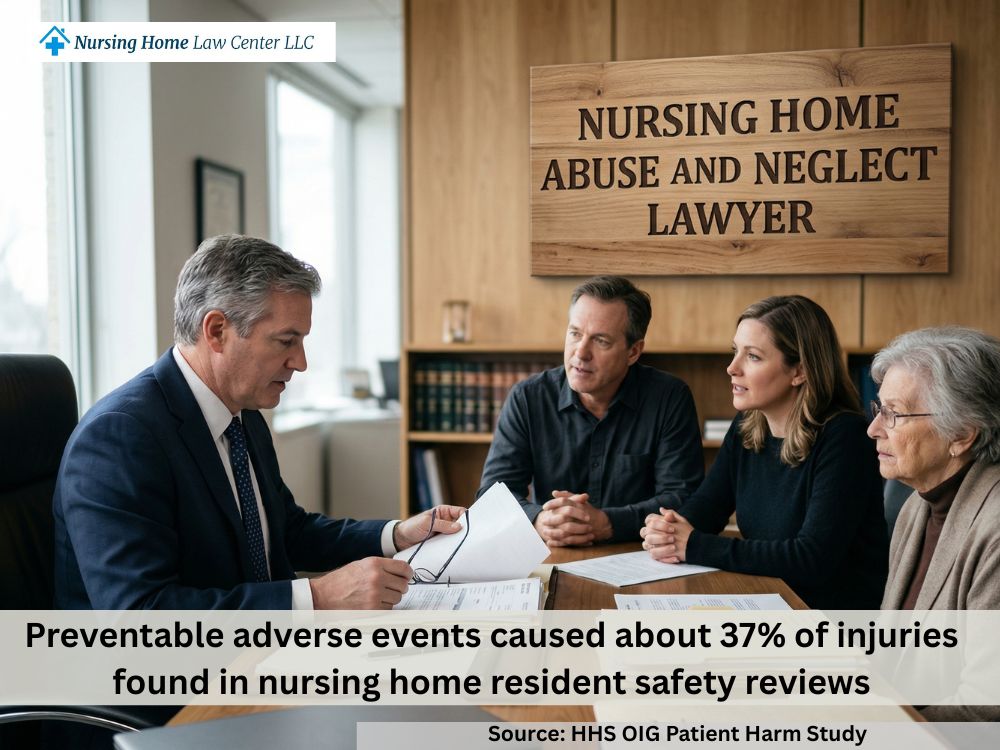 Attorney reviewing nursing home medical records with a family concerned about a loved one’s injuries