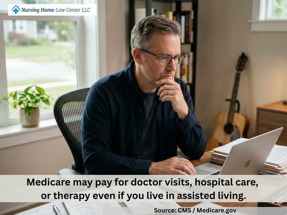 Adult researching whether Medicare pays for assisted living on a laptop at home