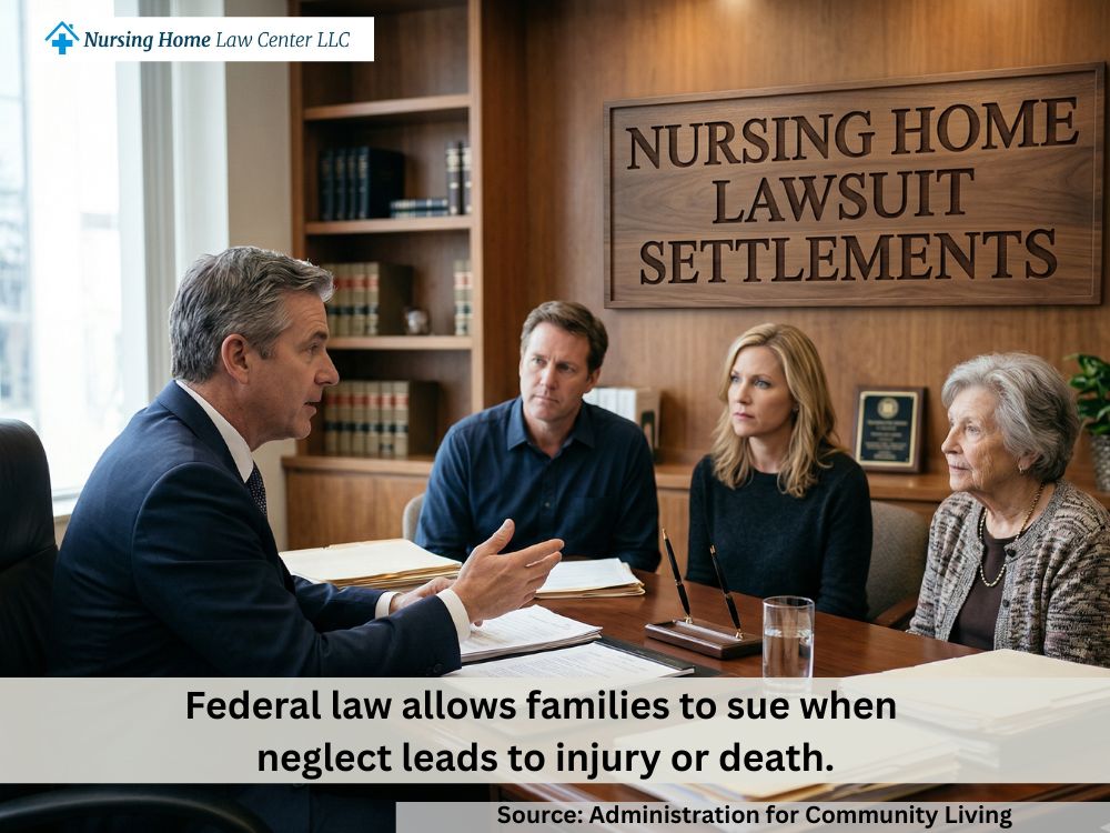 Nursing home abuse lawyer negotiating a settlement while reviewing legal paperwork and evidence