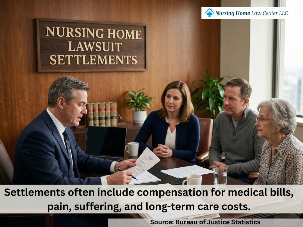 Family meeting with a nursing home abuse lawyer to discuss a possible lawsuit settlement