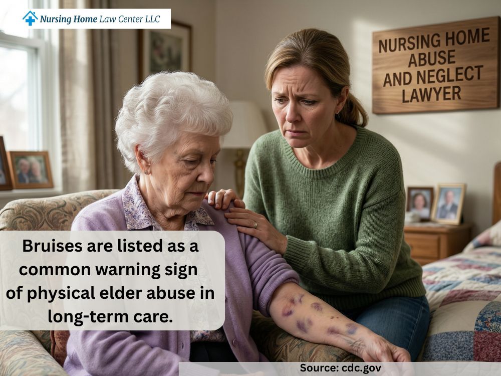 Elderly nursing home resident with visible arm bruising while a family member looks on with concern