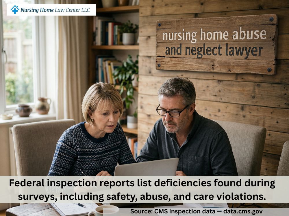 Family reviewing state nursing home inspection reports and deficiency findings on a laptop