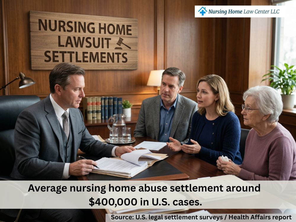 Nursing home abuse lawyer reviewing settlement documents with a family during a legal consultation