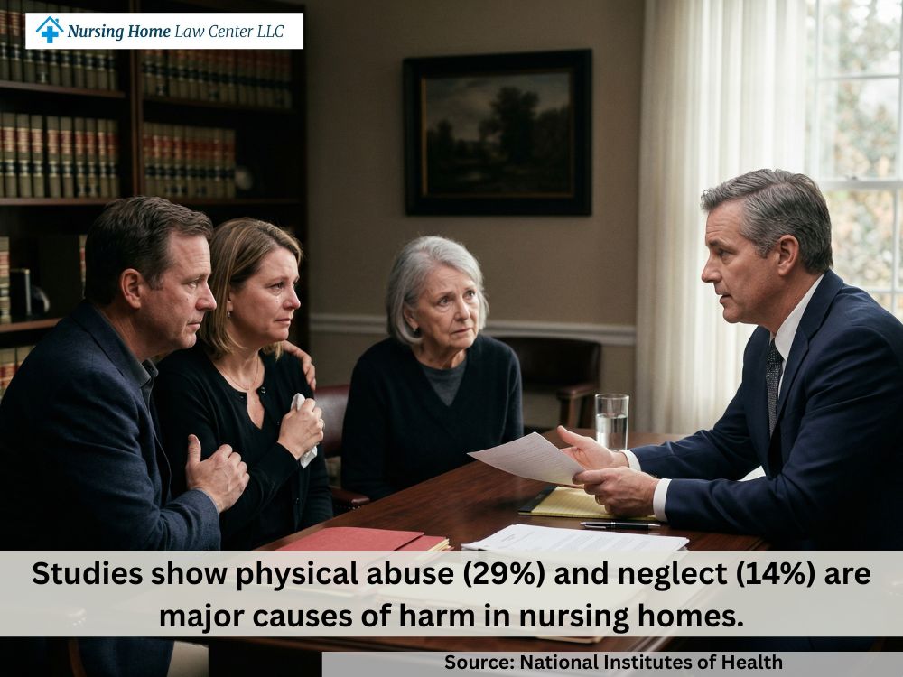 Attorney speaking with a family about a nursing home wrongful death lawsuit during a private office consultation