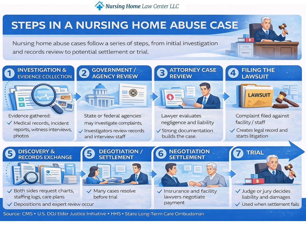 Steps in a nursing home abuse case from investigation and records review to settlement or trial
