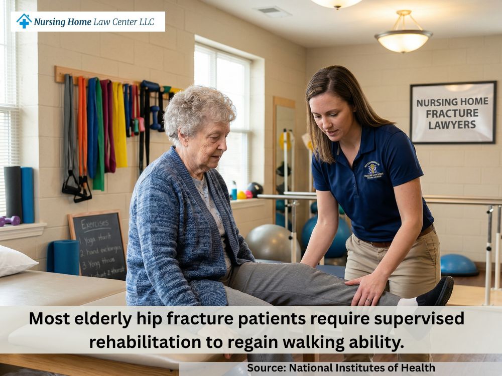Physical therapist helping an elderly resident recover after a fractured femur