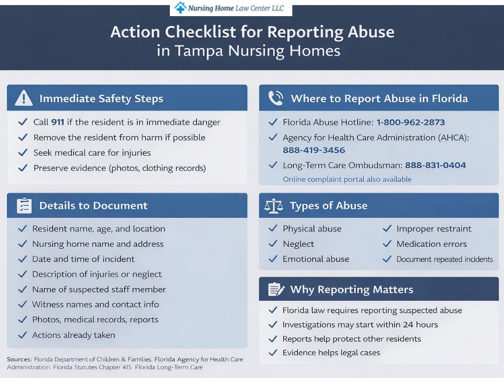 Action checklist for reporting abuse in Tampa nursing homes and what details to document