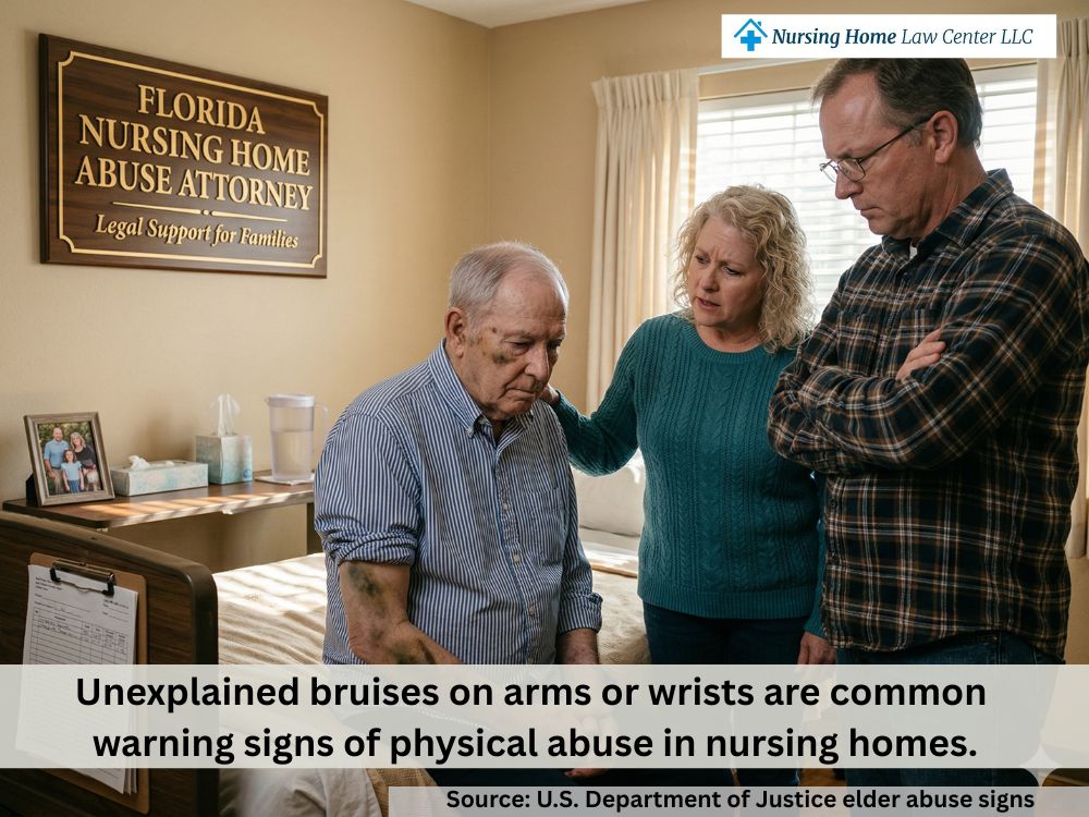 Elderly Florida nursing home resident with visible bruising on the arm during a family visit