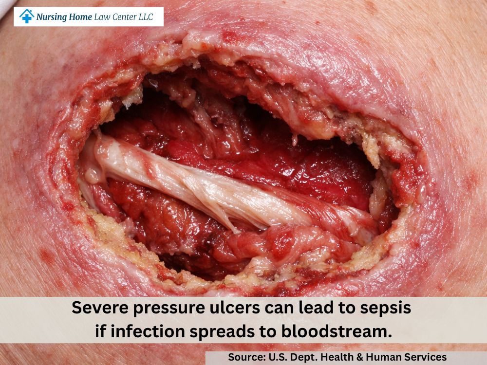 Stage 4 bed sore showing exposed tendon and muscle with deep crater-like tissue loss