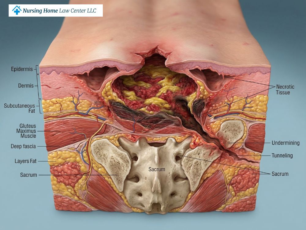 Stage 4 bed sore on the sacrum with deep tissue loss in a high-pressure area
