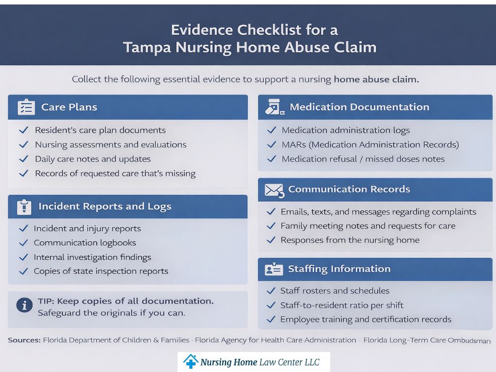 Evidence checklist for a Tampa nursing home abuse claim including care plans, medication logs, incident reports, and staffing