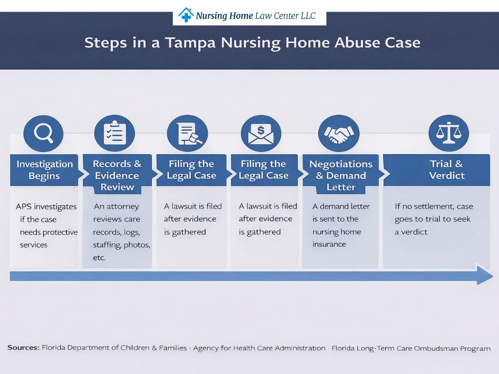 Steps in a Tampa nursing home abuse case from investigation and records review to settlement or trial