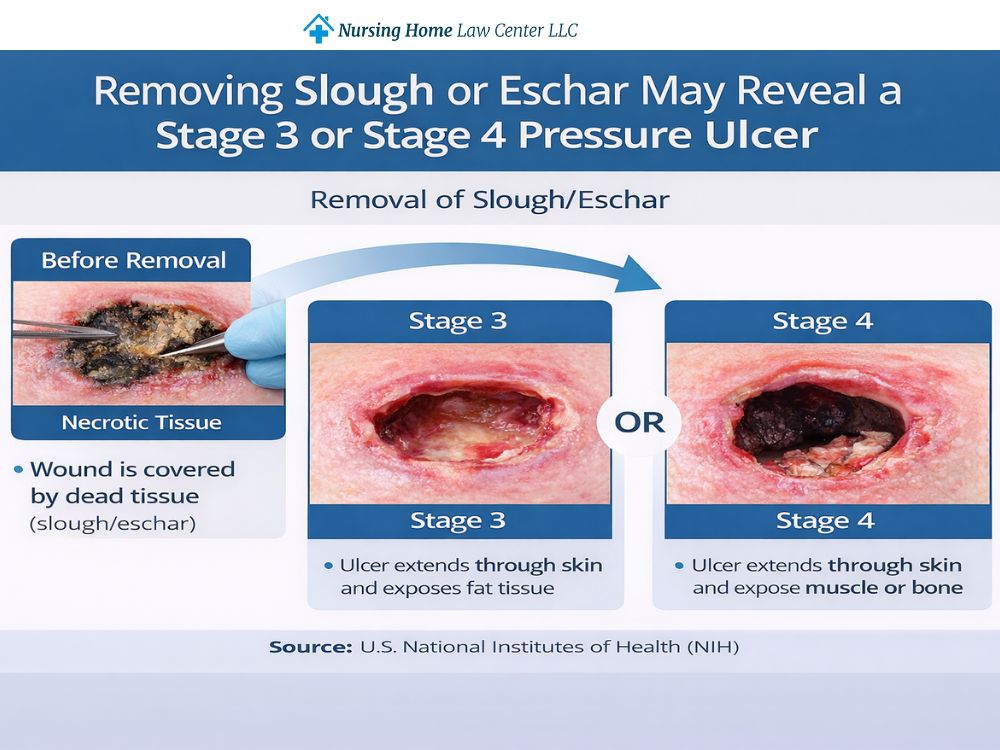 Explainer graphic showing that removing slough or eschar may reveal a stage 3 or stage 4 pressure ulcer