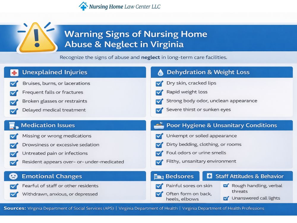 Warning signs of nursing home abuse and neglect in Virginia such as unexplained injuries, dehydration, and medication errors