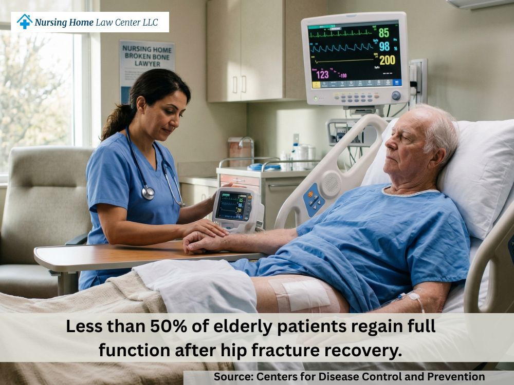 Elderly patient in a hospital bed recovering after a serious hip fracture with close medical monitoring
