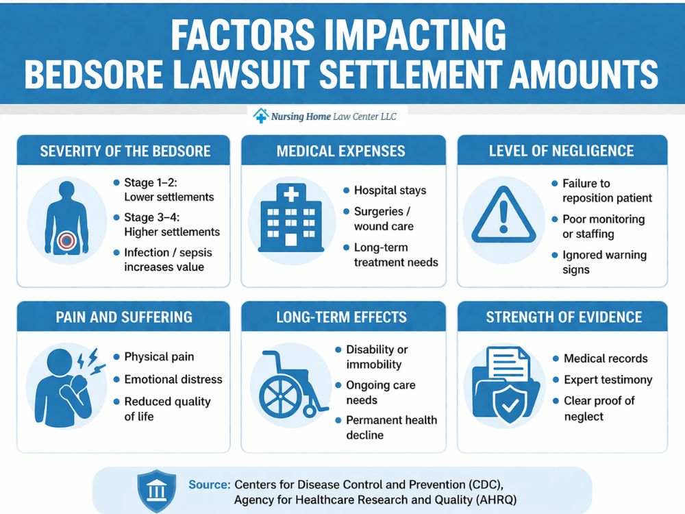Factors impacting bedsore lawsuit settlement amounts
