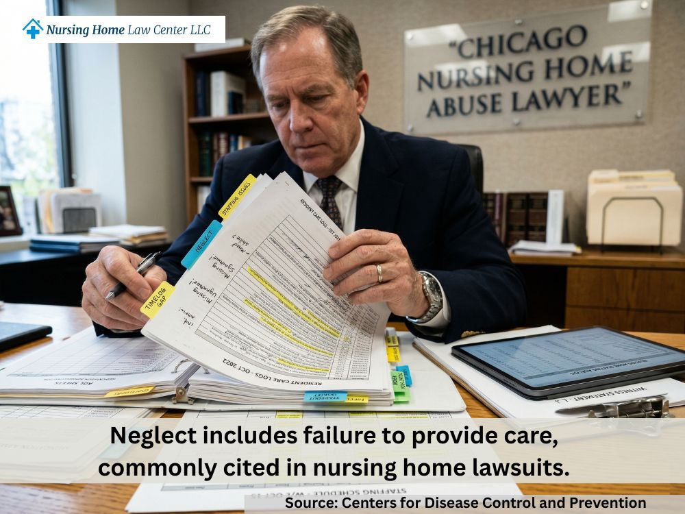 Attorney examining charts, staffing logs, and facility records as evidence in a Chicago nursing home abuse case
