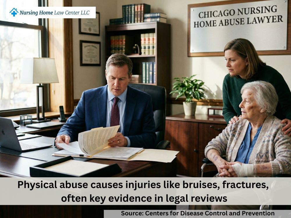 Nursing home resident with visible injuries during a legal review of a Chicago abuse claim
