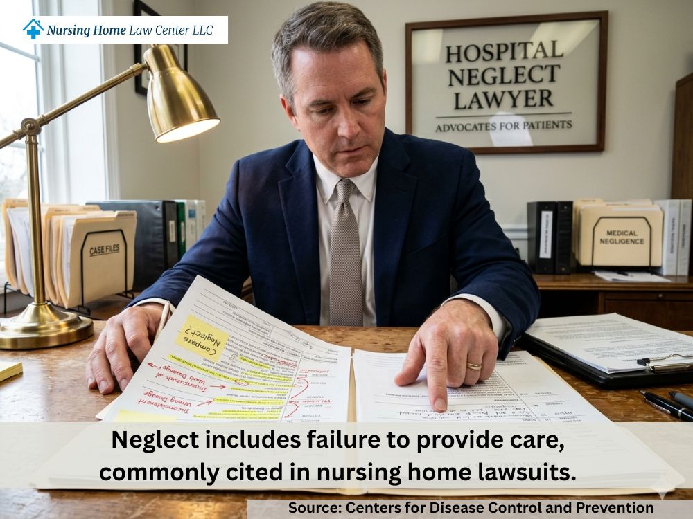 Attorney reviewing hospital charts, treatment records, and incident documentation as evidence in a negligence case