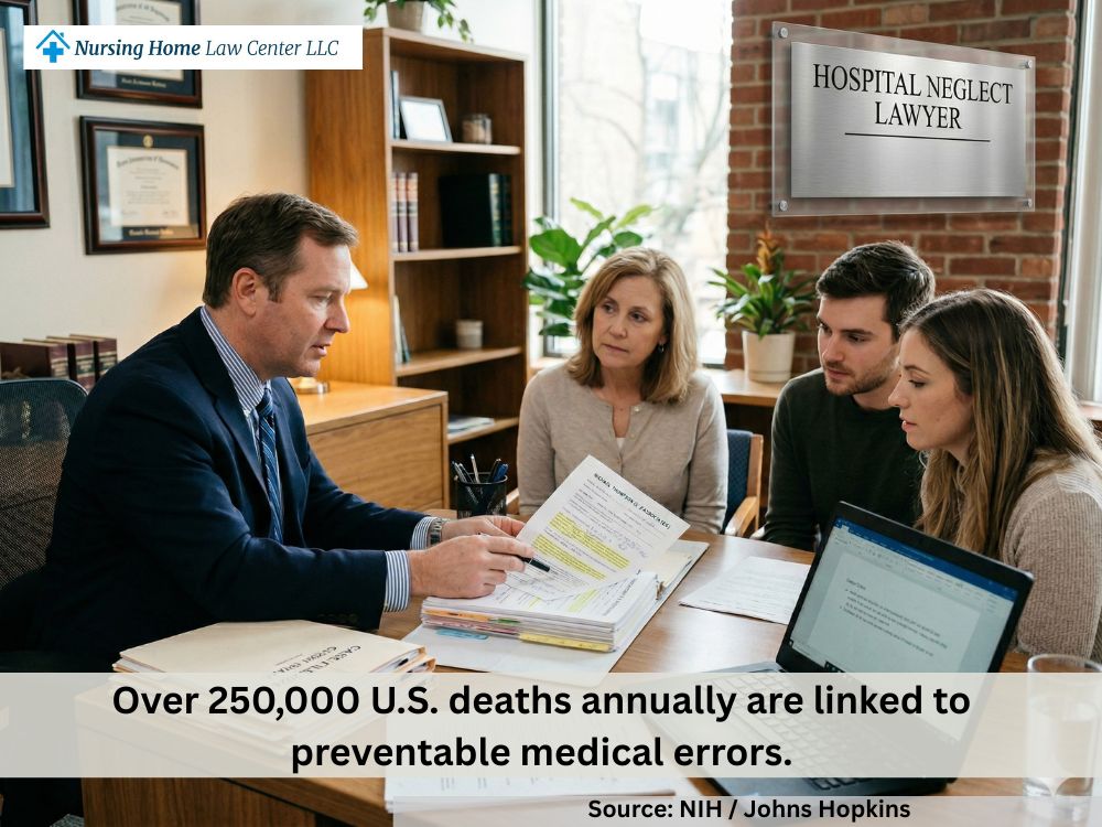 Hospital negligence lawyer reviewing medical records and chart notes with a patient’s family in an office consultation