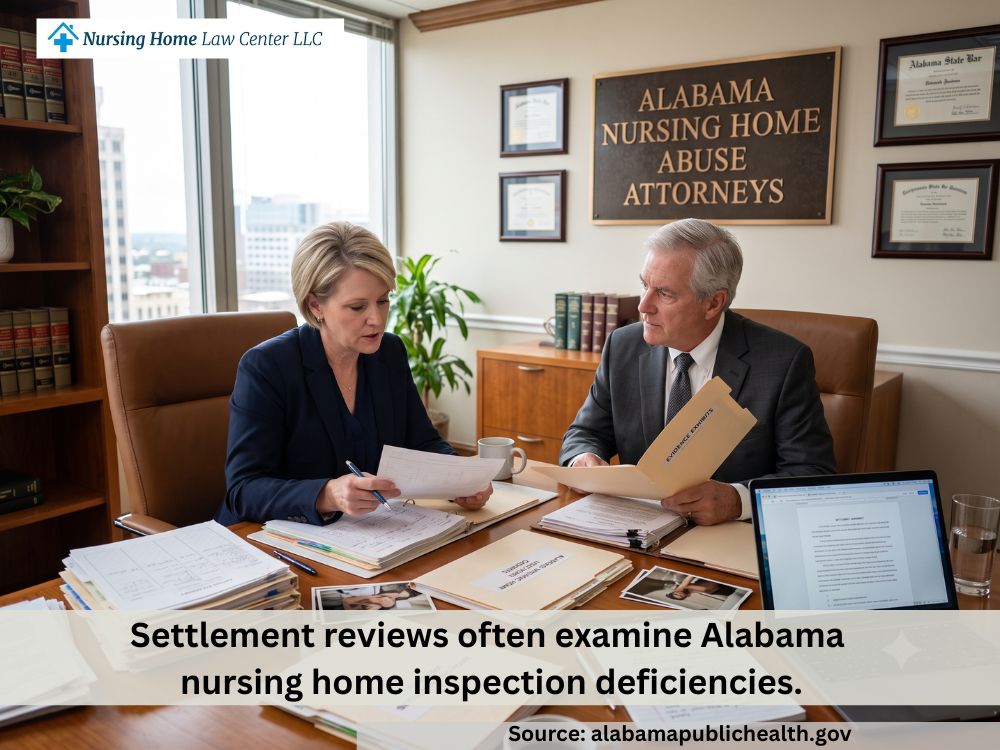 Nursing home abuse attorneys reviewing settlement evidence for an Alabama nursing home lawsuit