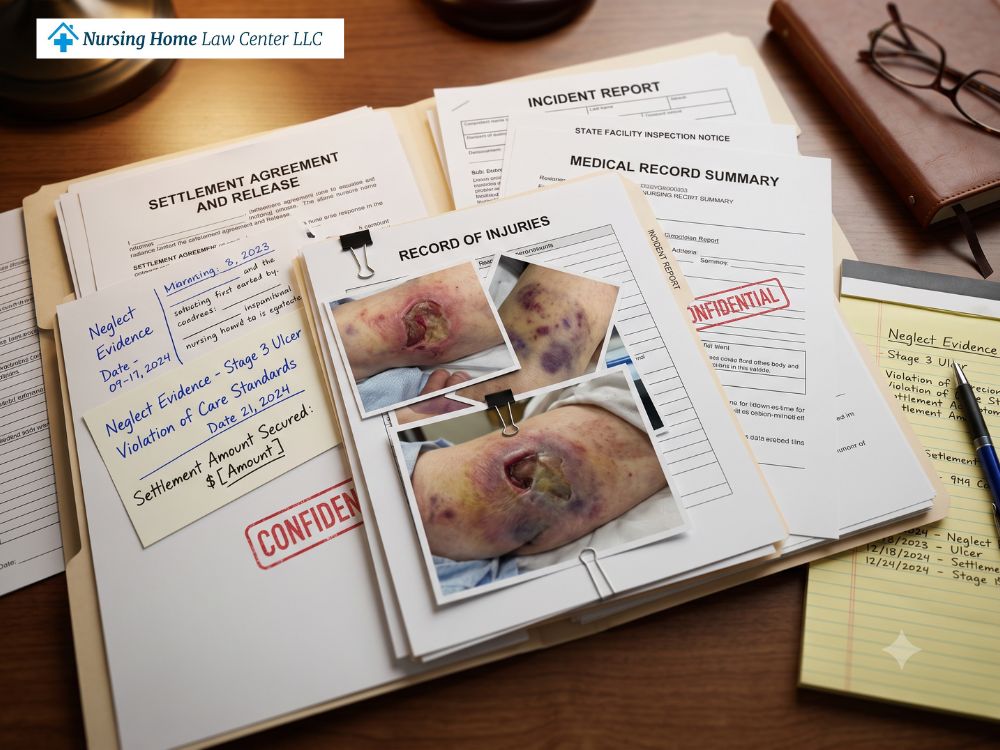 Nursing home neglect lawsuit settlement records showing injuries, facility notice, and medical evidence