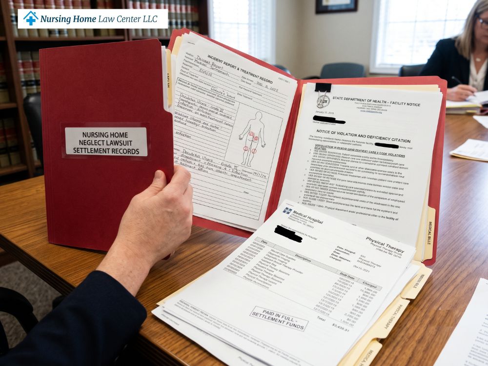 Nursing home neglect lawsuit settlement records showing injuries, facility notice, and medical bills