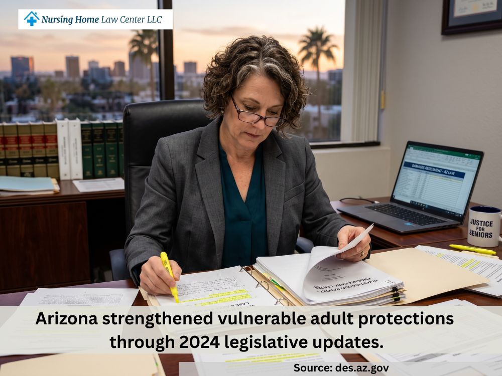 Nursing home abuse attorneys reviewing settlement evidence for an Arizona nursing home lawsuit