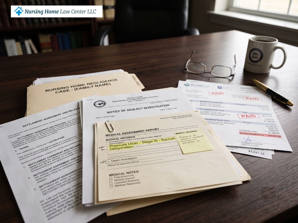 Nursing home neglect lawsuit settlement records showing injuries, facility notice, and medical bills
