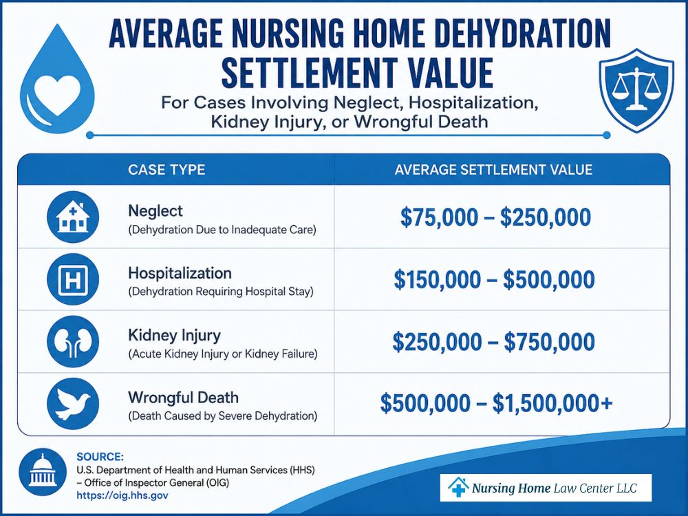 Average nursing home dehydration settlement value for cases involving neglect, hospitalization, kidney injury, or wrongful death