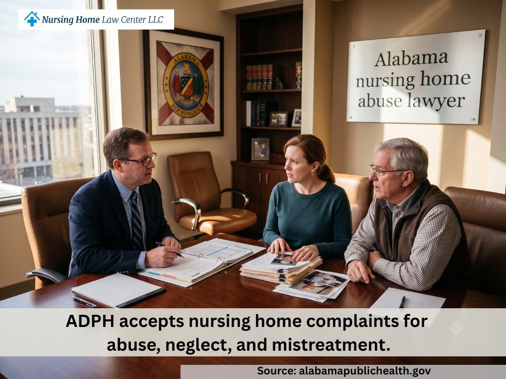 Family members meeting with a lawyer after suspected abuse or neglect harmed a nursing home resident in Alabama.